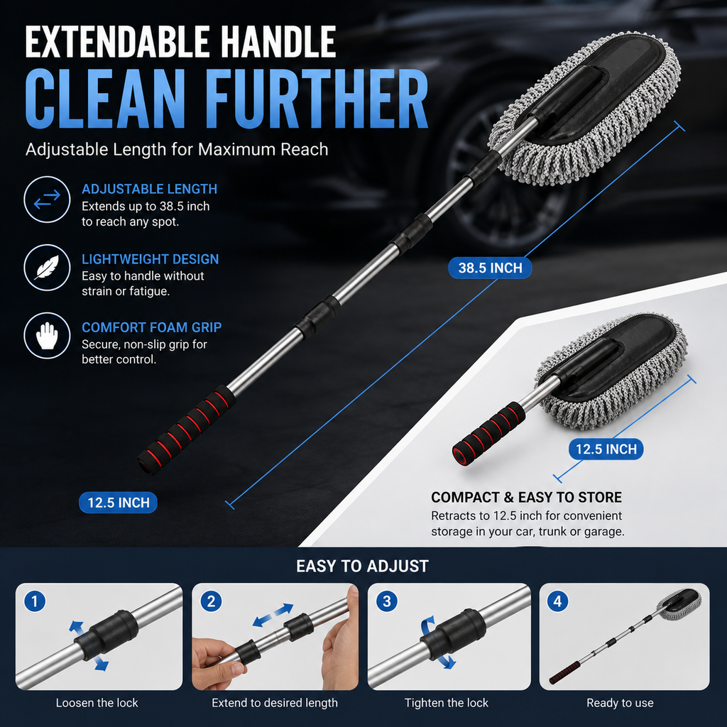 Microfiber Car Duster - Scratch-Free Extendable Handle