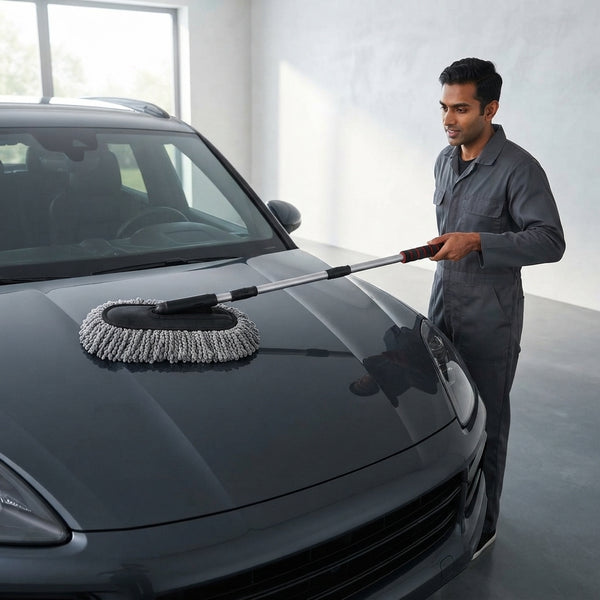 A person using an extendable microfiber car duster to clean the center of a car hood without touching the vehicle surface.