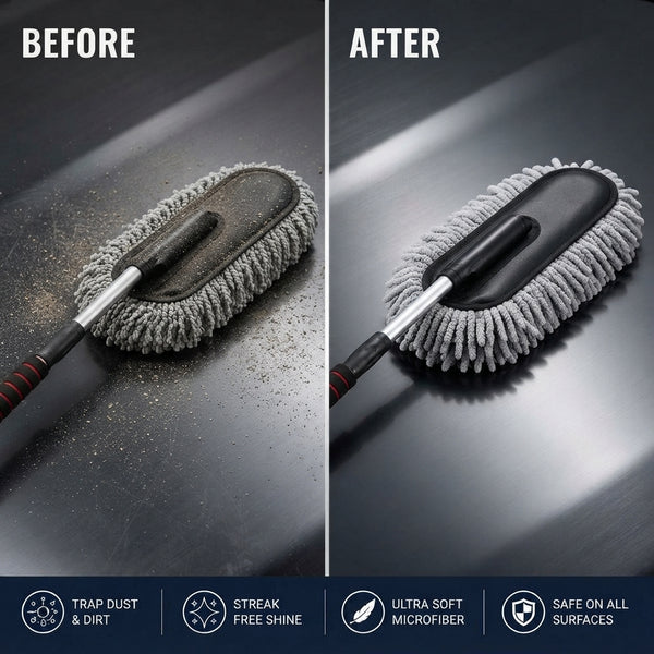 A close-up of a soft microfiber duster brush gently touching a glossy, ceramic-coated car hood in a modern garage.