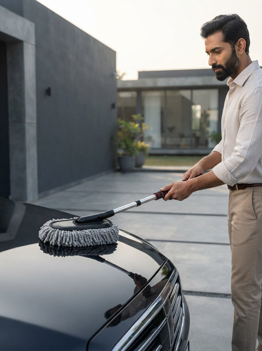 A South Asian man gently dusting a luxury car hood with a premium extendable microfiber brush in a modern urban setting.